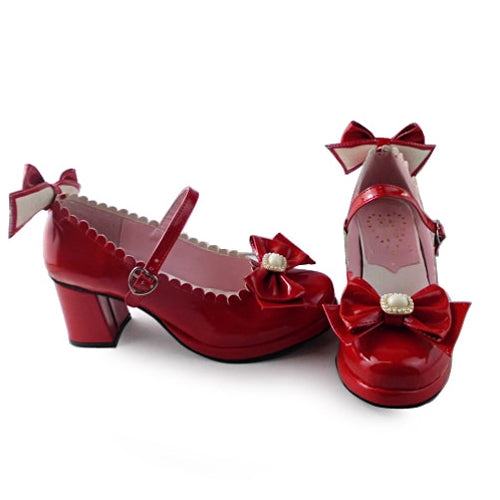 Red Mirror Face Bowknot Lovely Bride High Heel Sweet Lolita Shoes Red