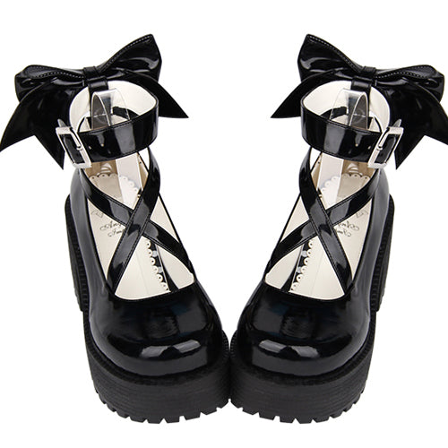 Black Patent Leather Cute Bowknot Lolita Round-toe High Heel Shoes