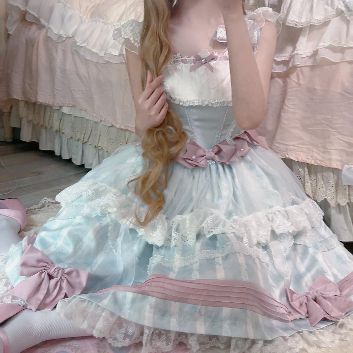 Baby Blue Mesh Pink Bow Lolita Dress