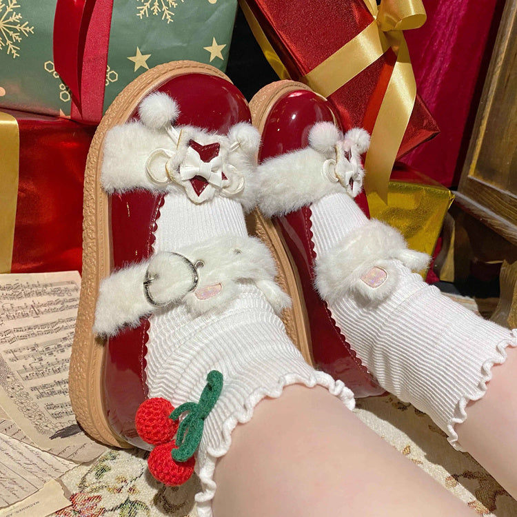 Star Bunny Ears Bowknot Furry Sweet Lolita Shoes 5 Colors Red