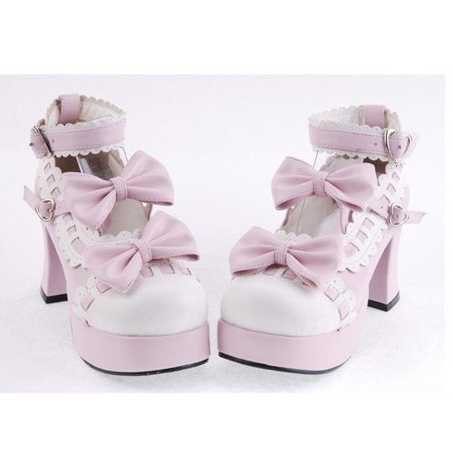 Pink Heel High Beautiful Synthetic Leather Round Straps Platform Sweet Lolita Shoes