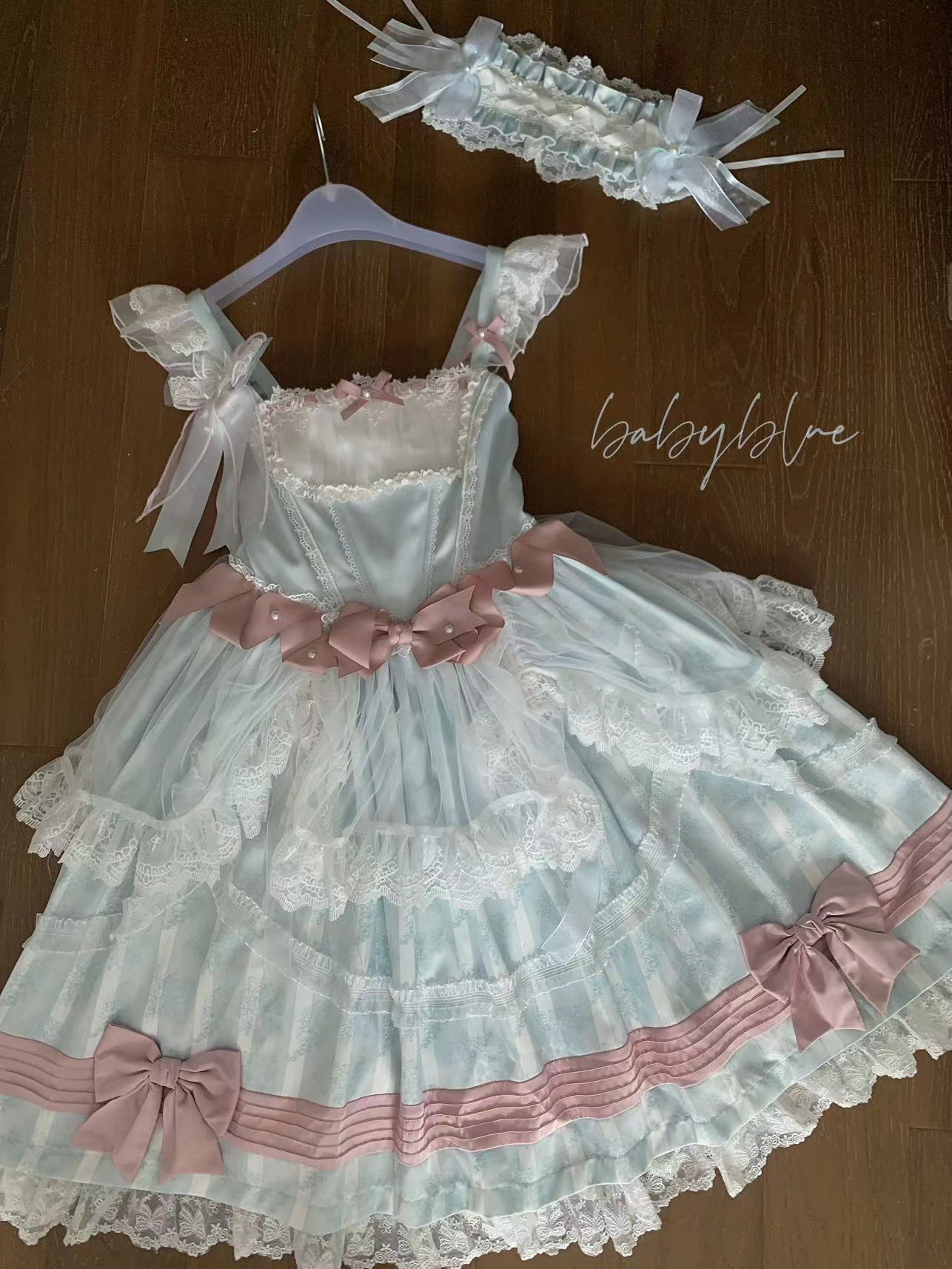 Baby Blue Mesh Pink Bow Lolita Dress