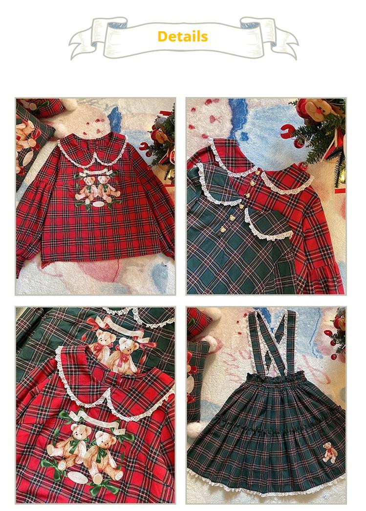 Christmas Vintage Lolita Skirts Doll Collar Blouse Plaid Skirt Set