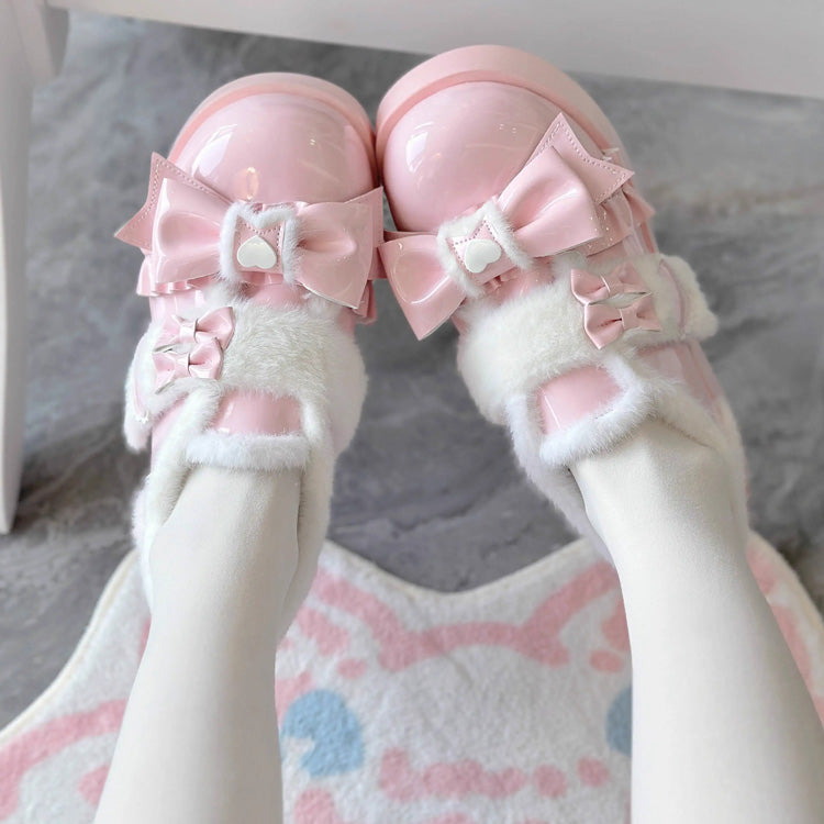 Plush and Thickened Bowknot Sweet Lolita Shoes 5 Colors Pink