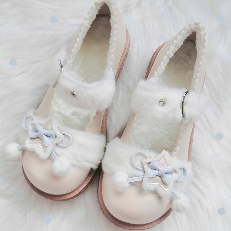 Star Bunny Ears Bowknot Furry Sweet Lolita Shoes 5 Colors Ivory