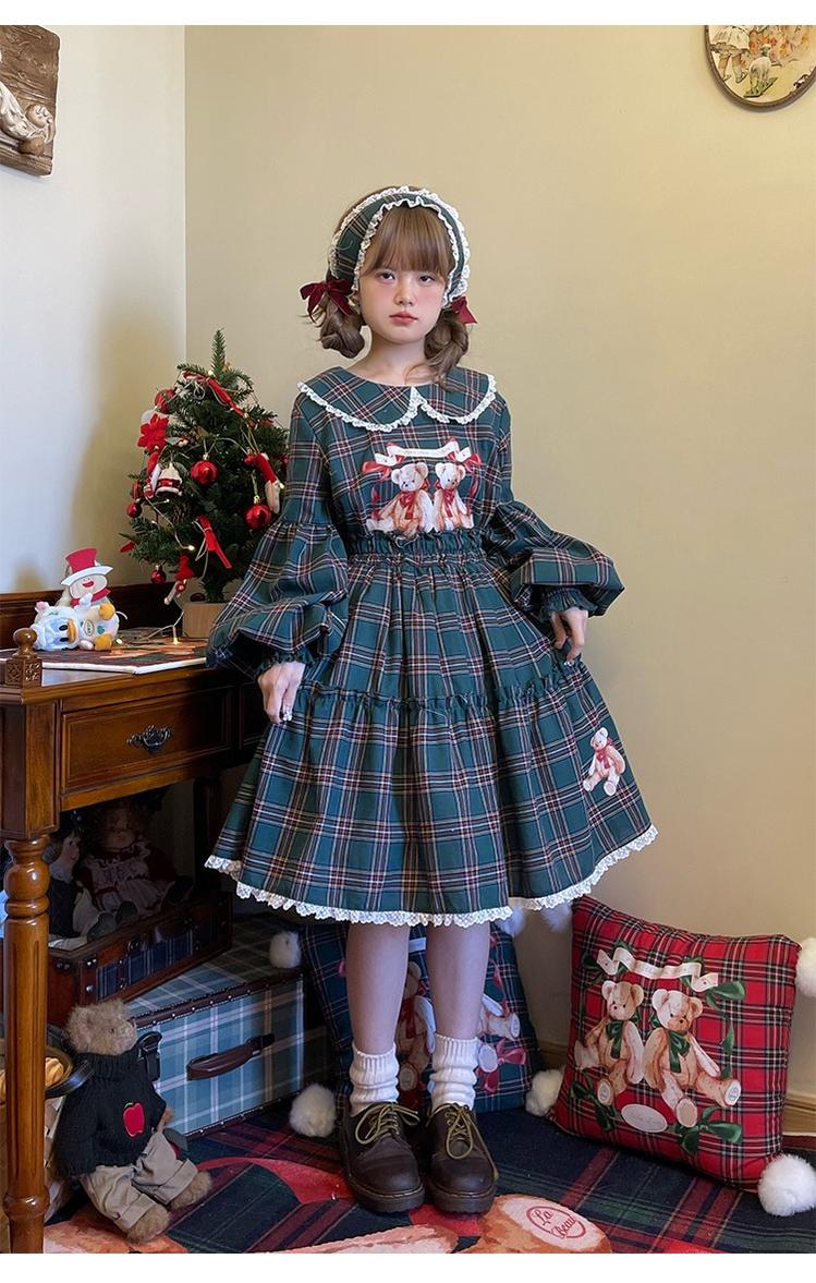 Christmas Vintage Lolita Skirts Doll Collar Blouse Plaid Skirt Set