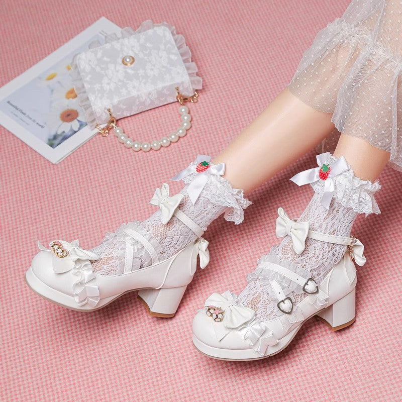 Sweet Bowknot Stitching Lace Princess Lolita High Heels 6 Colors White