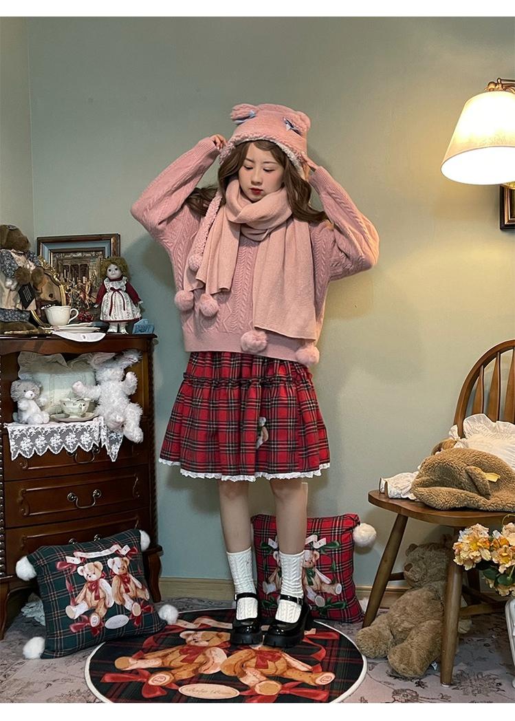 Christmas Vintage Lolita Skirts Doll Collar Blouse Plaid Skirt Set
