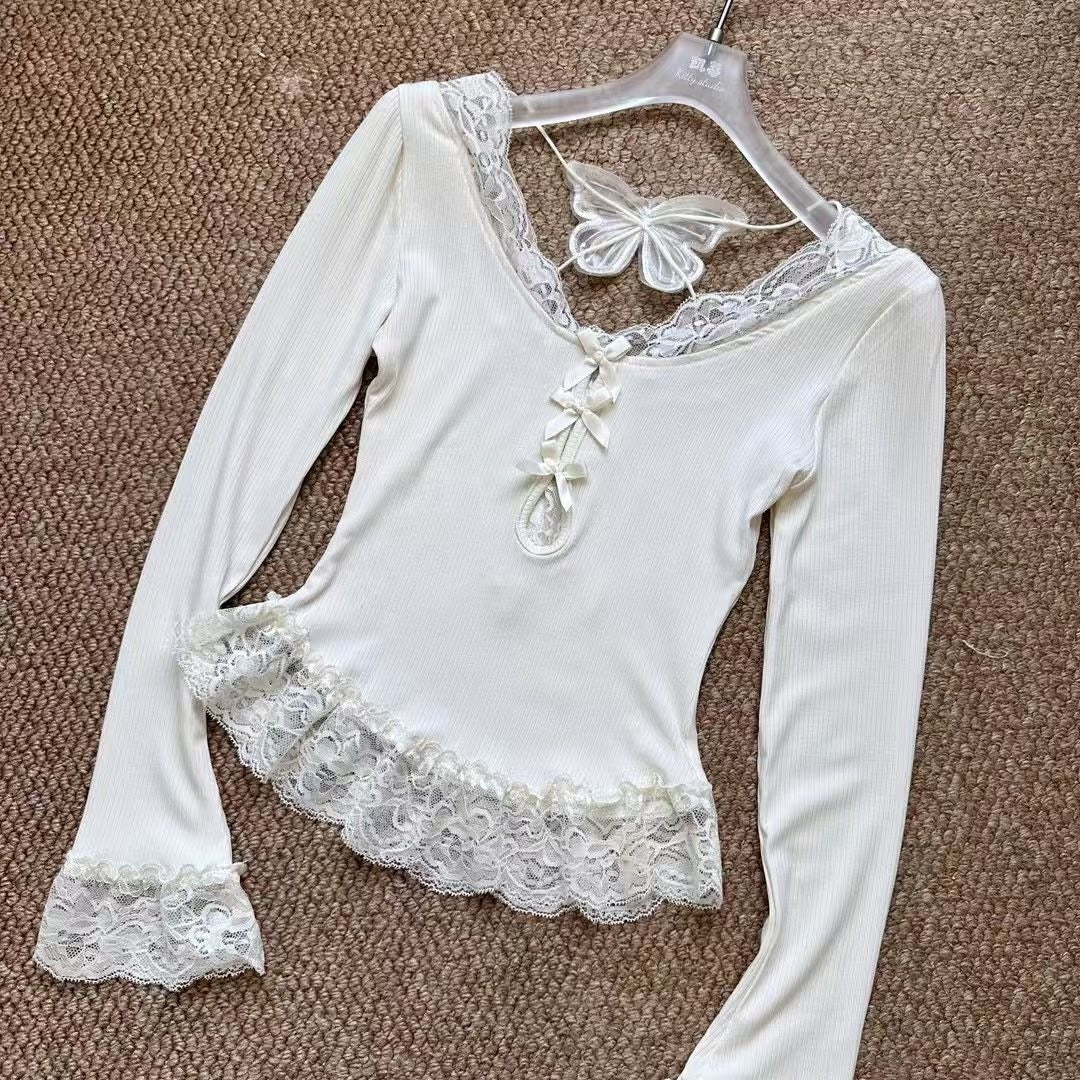 Lace Bow Panel Knit Top white
