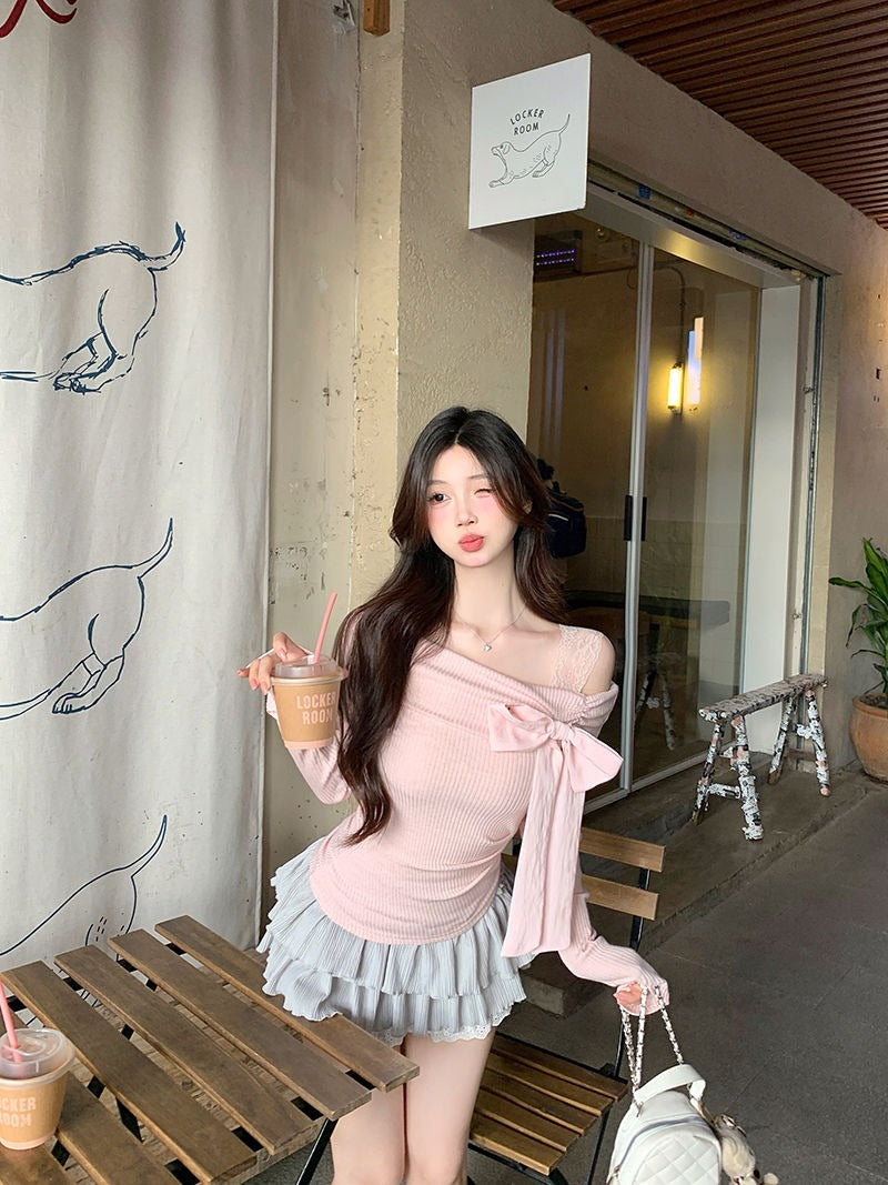 Off-shoulder slim fit sexy top pink