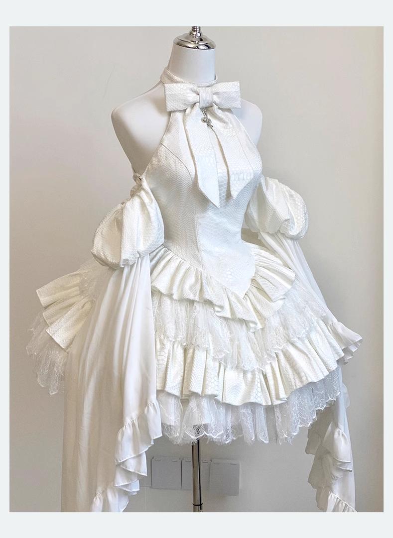 Gothic Lolita JSK Dress Snake Print Slimming Backless Dress L White - JSK Full Set (Dress + Arm Sleeves)