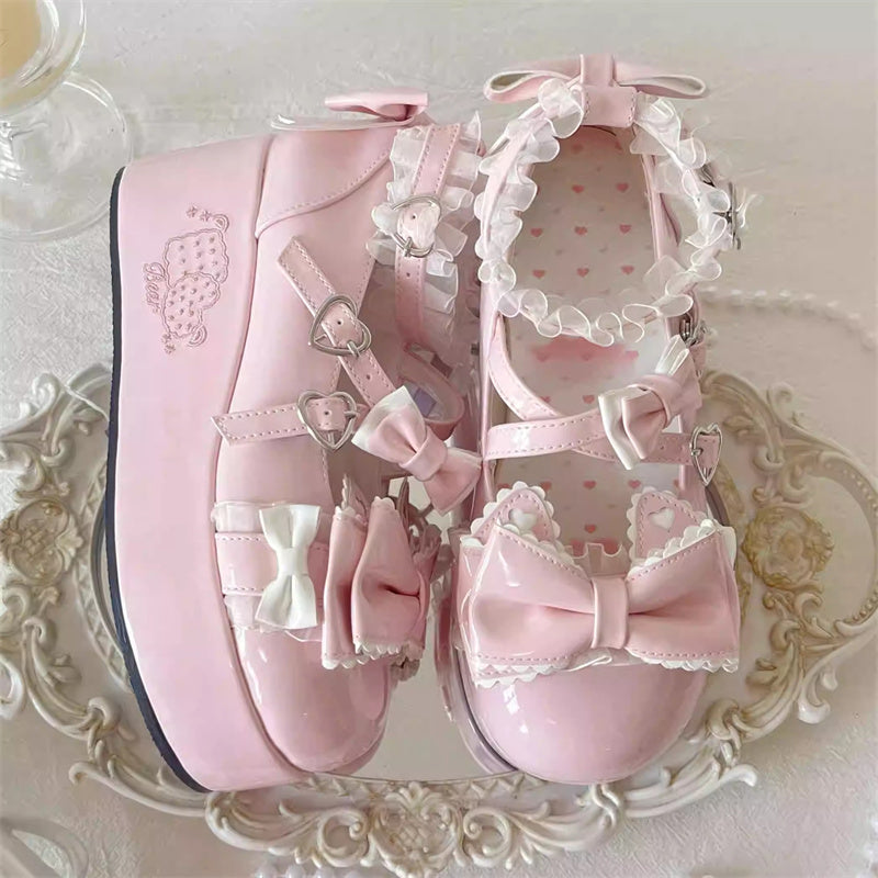 Confession Willingness Height Increasing Print Bowknot Lace Sweet Lolita Shoes 4 Colors Pink