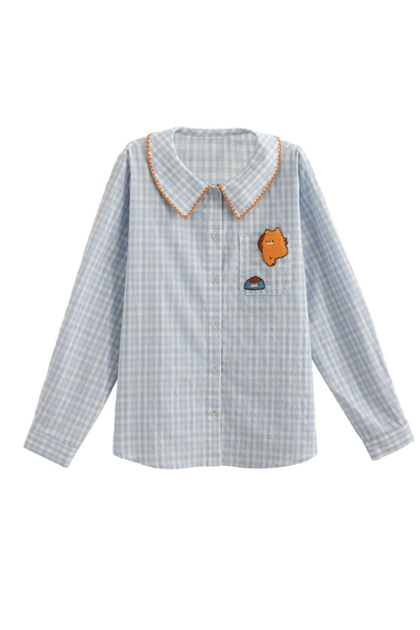 Cat Embroidered Plaid Blouse