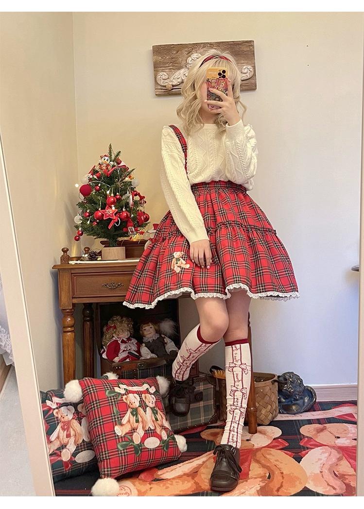 Christmas Vintage Lolita Skirts Doll Collar Blouse Plaid Skirt Set