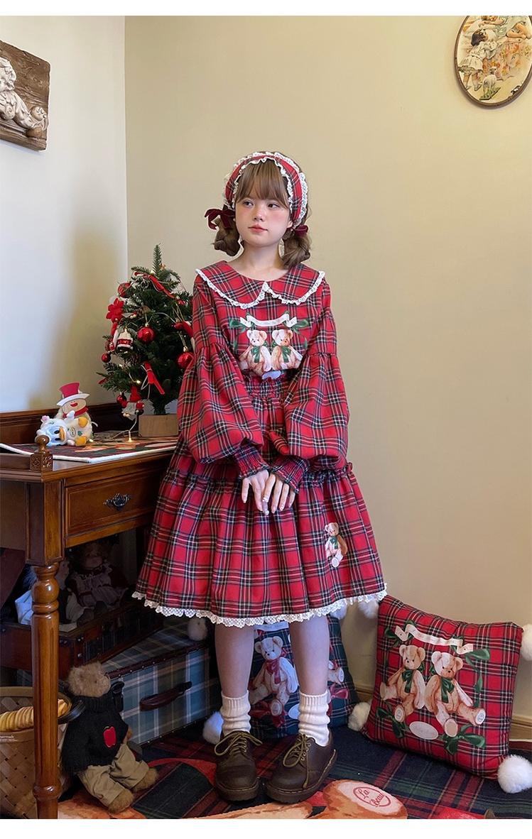 Christmas Vintage Lolita Skirts Doll Collar Blouse Plaid Skirt Set