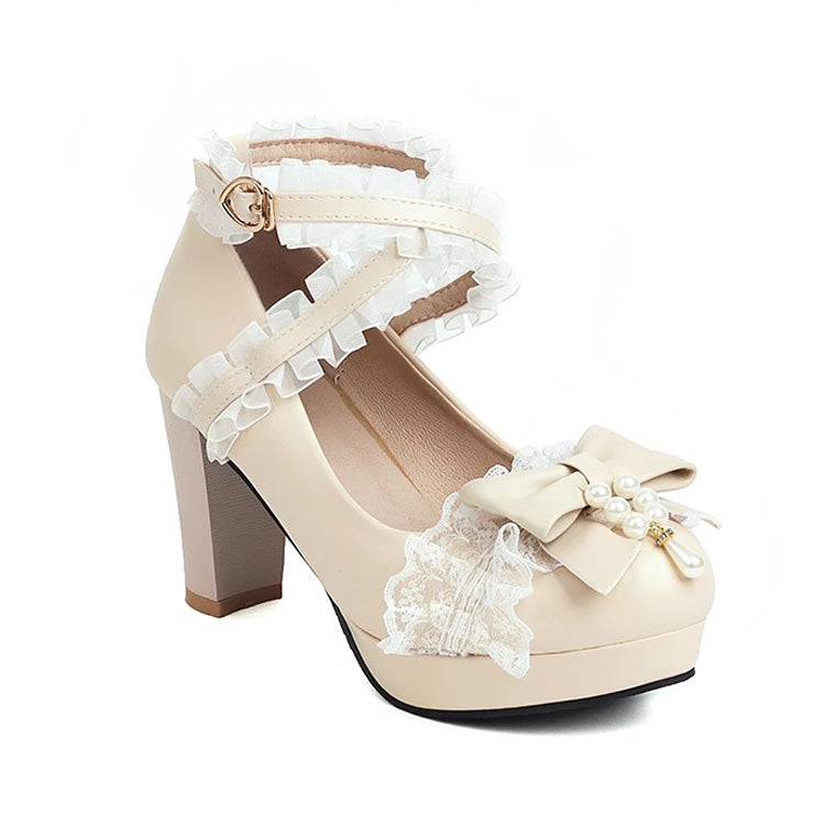 Sweet Lace Bowknot Princess Lolita Shoes 5 Colors Apricot