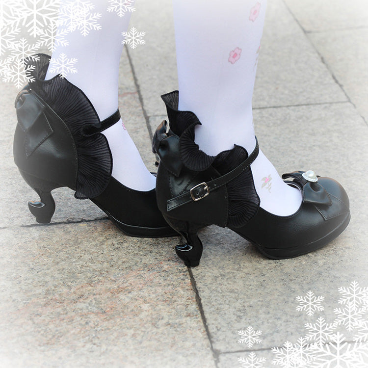 Bowknot Strappy Ruffle PU Sweet Lolita Shoes 5 Colors Black