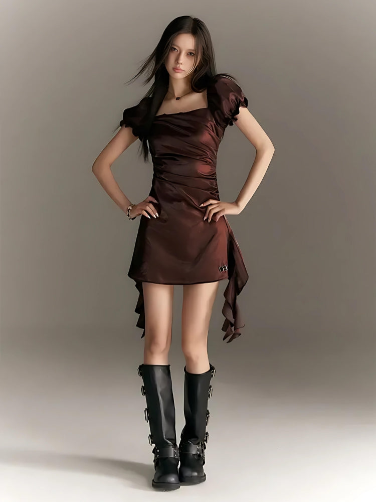 Balloon Sleeve Ruched Mini Dress Brown