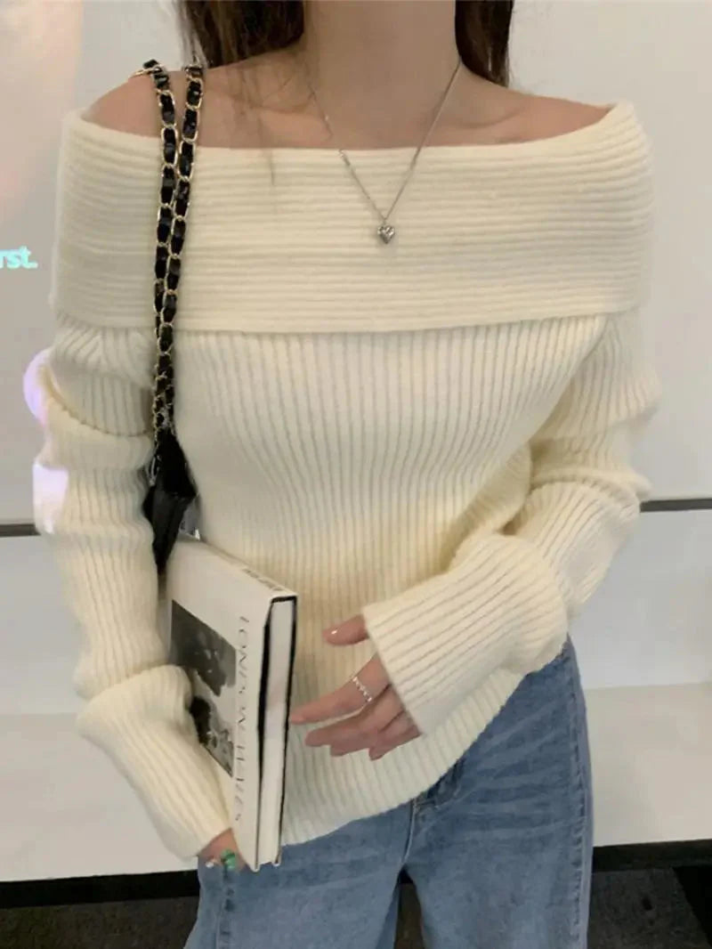 Casual Off Shoulder Knitted Sweater Cream
