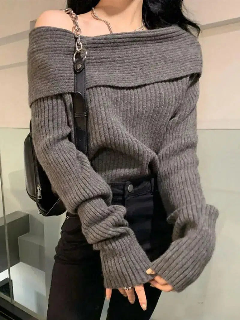 Casual Off Shoulder Knitted Sweater Gray