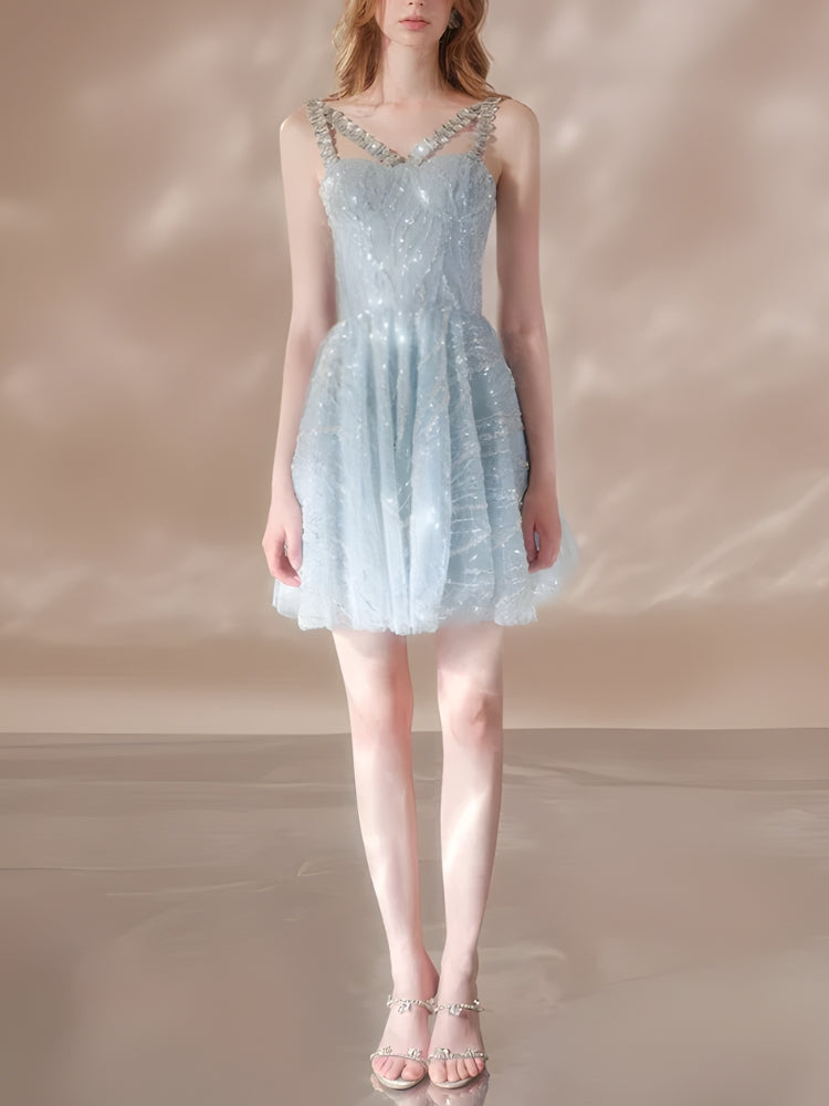 Crystal Strap Sequin Mini Dress Light Blue