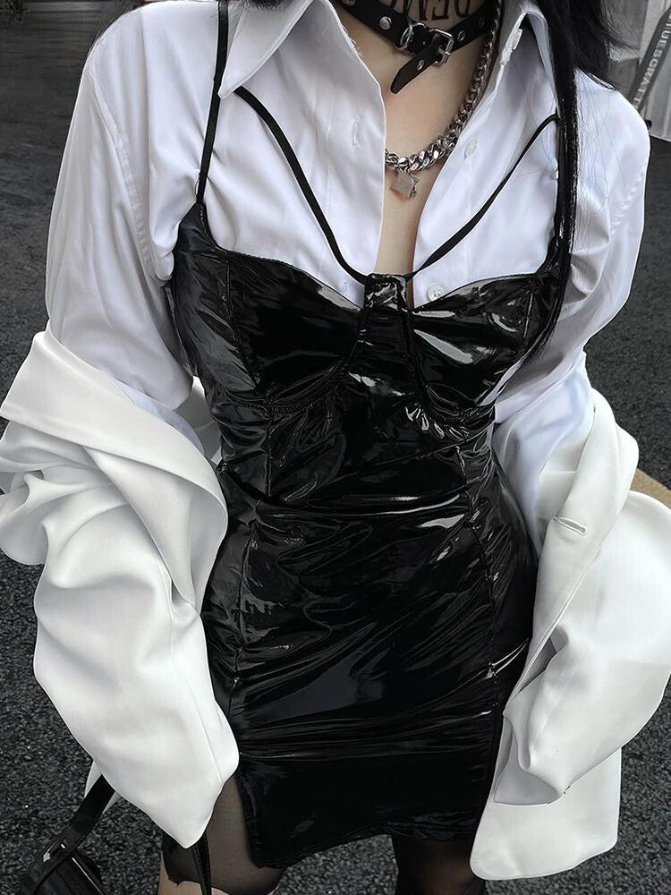Cyberpunk Faux Patent Leather Mini Dress Black