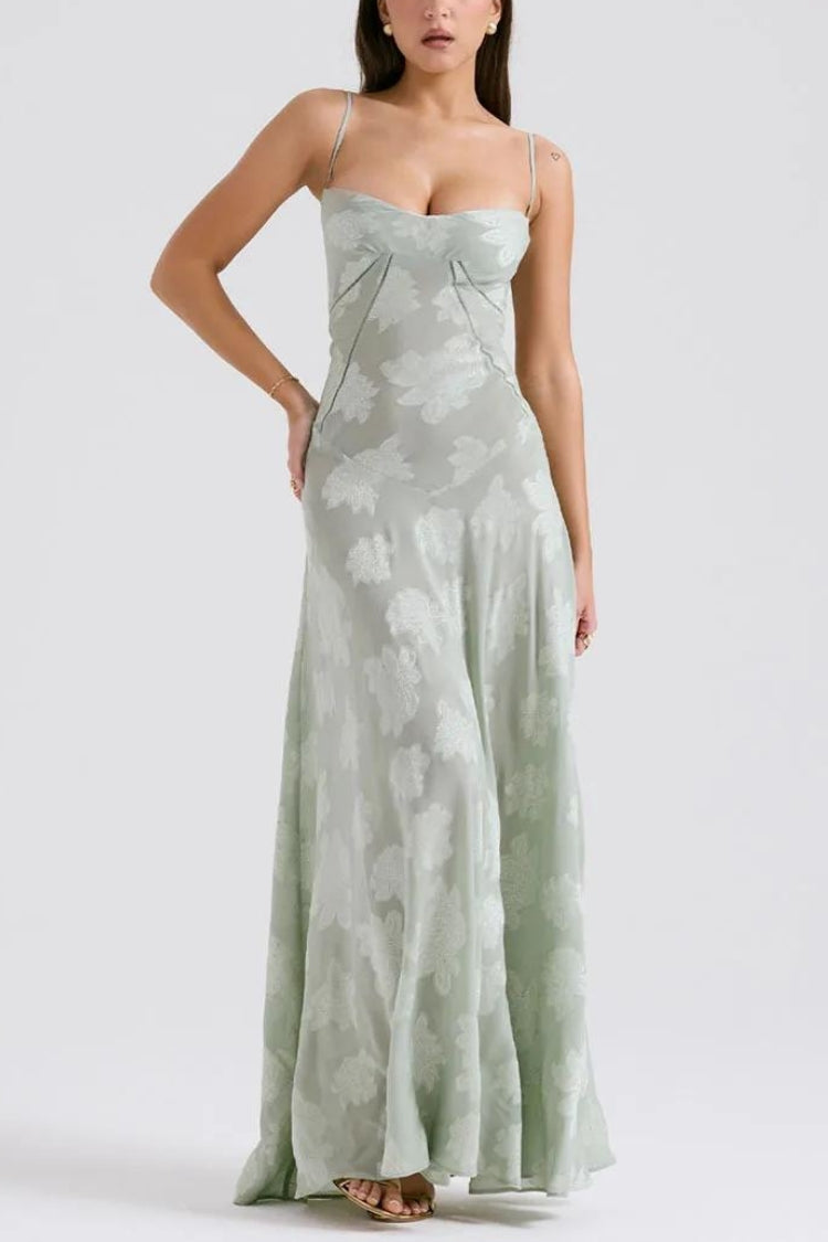 Floral Lace Up Maxi Dress Light Green