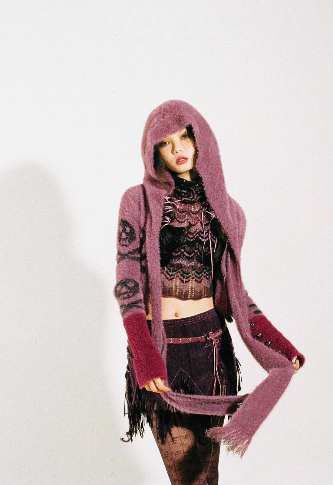 Grunge Gothic Skull Hooded Cardigan Purple