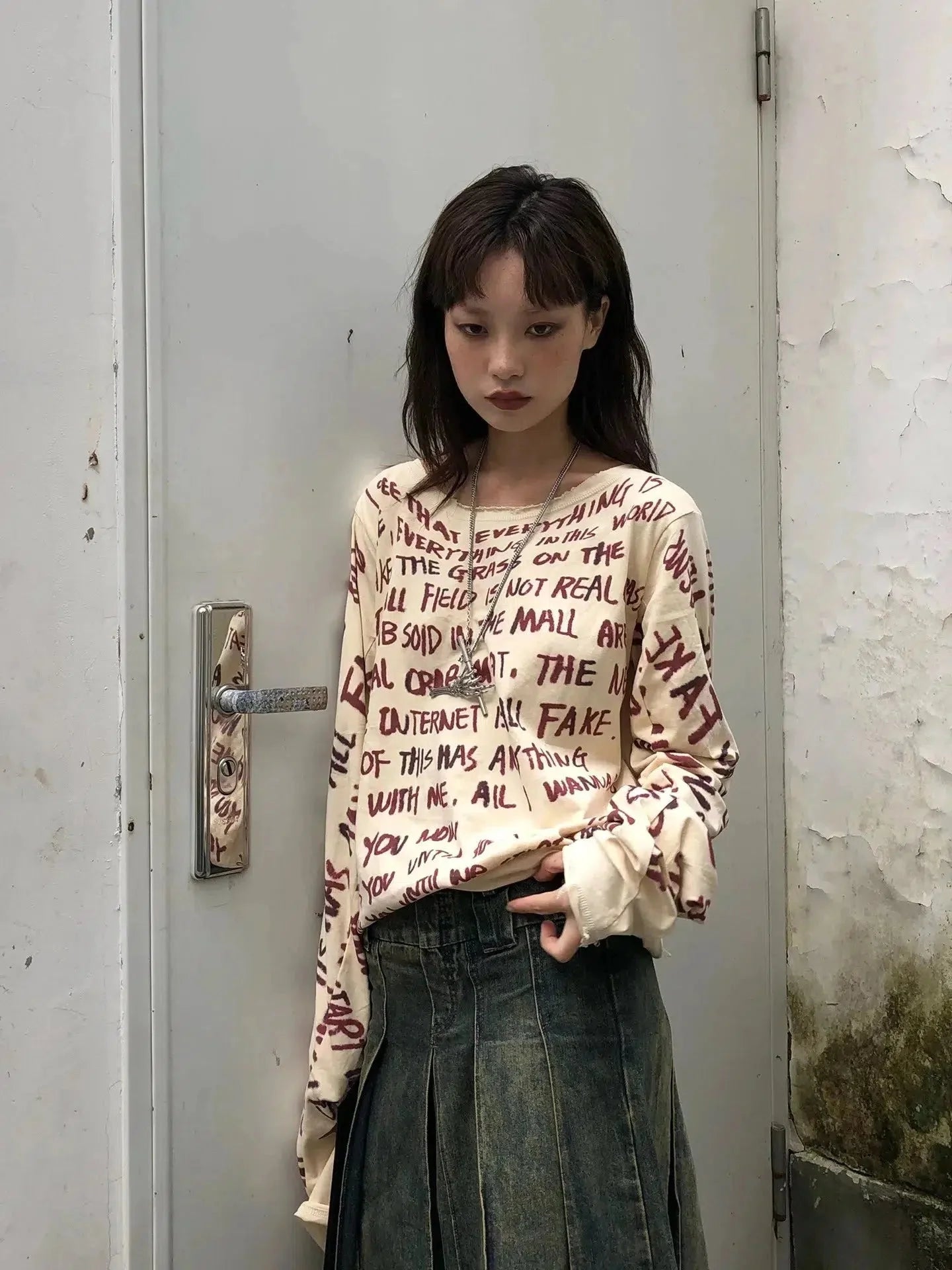 Grunge Text Print Top Beige