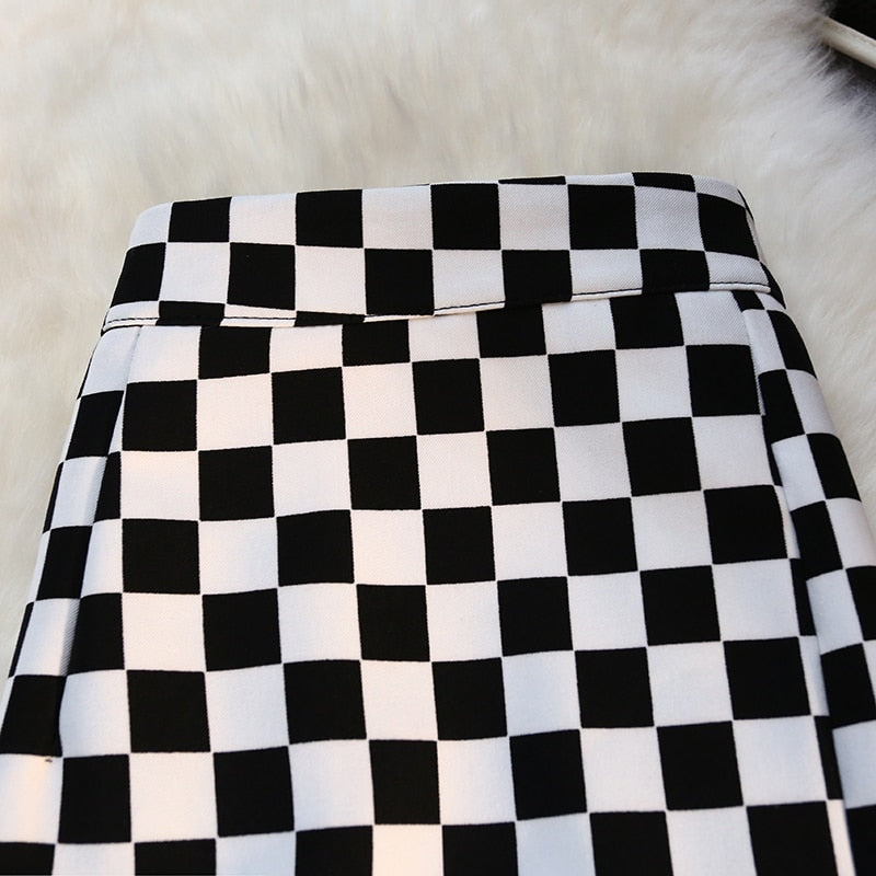 Checkerboard Print Long Plaid Skirt