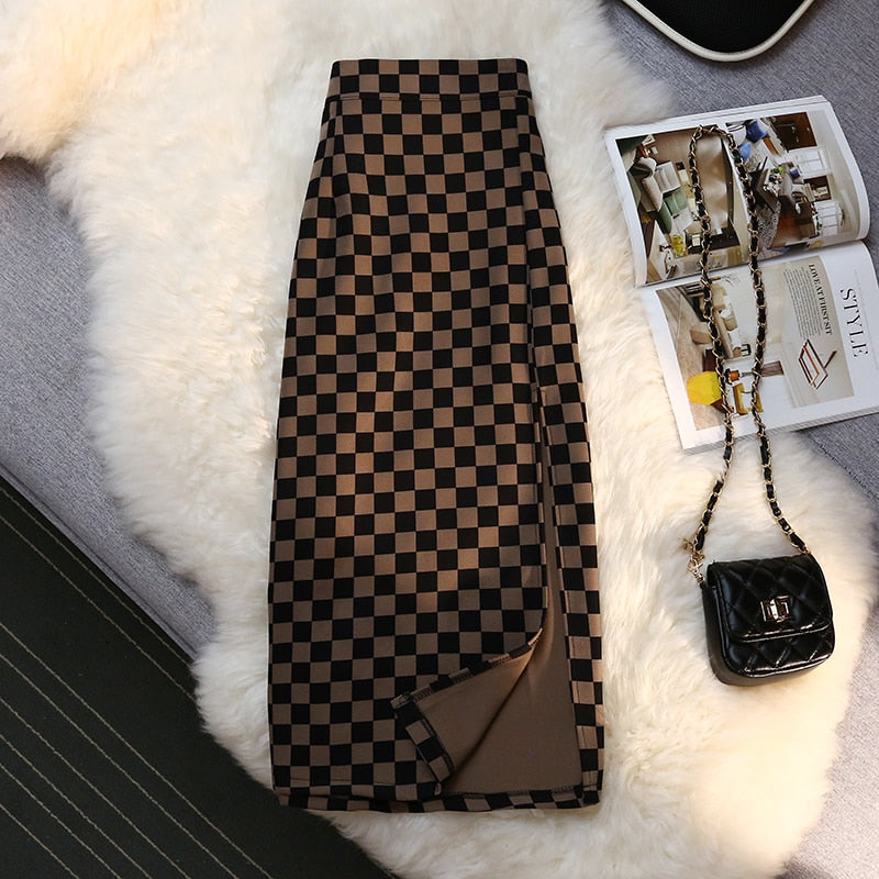 Checkerboard Print Long Plaid Skirt Auburn
