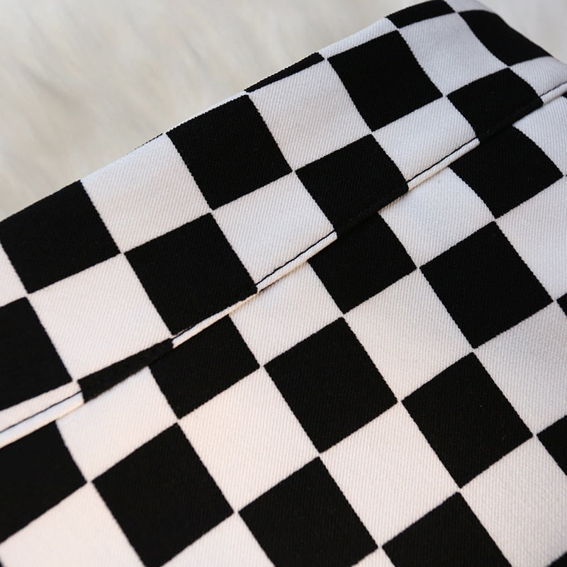 Checkerboard Print Long Plaid Skirt