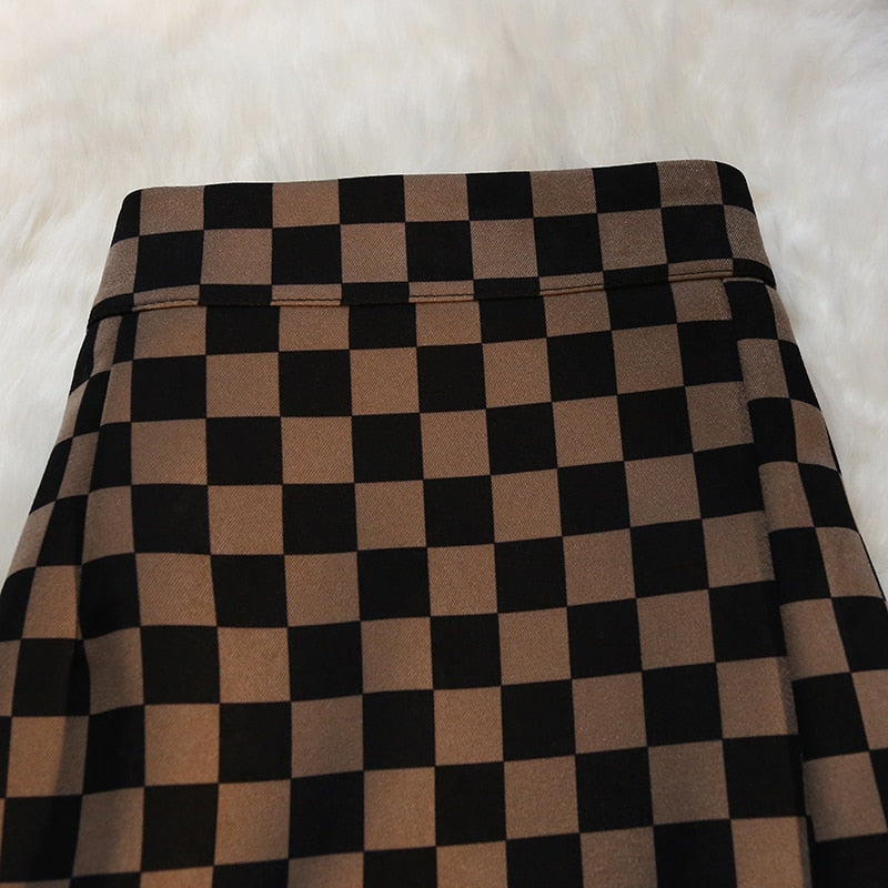 Checkerboard Print Long Plaid Skirt