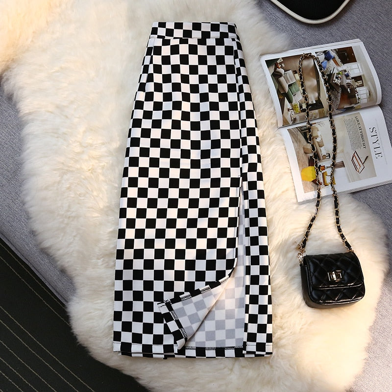 Checkerboard Print Long Plaid Skirt