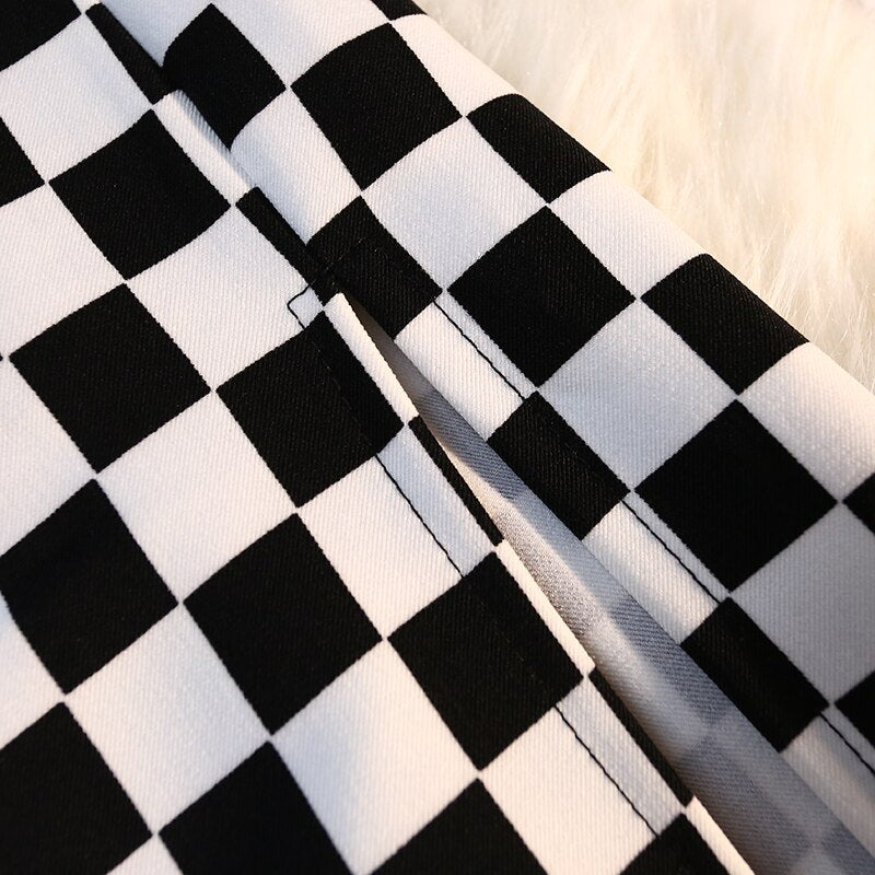 Checkerboard Print Long Plaid Skirt