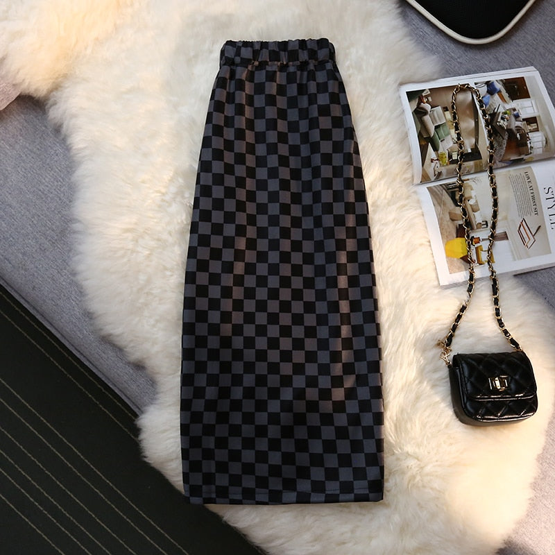 Checkerboard Print Long Plaid Skirt