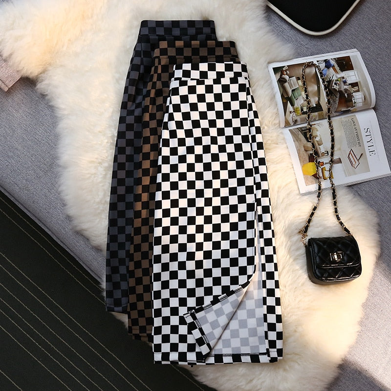 Checkerboard Print Long Plaid Skirt