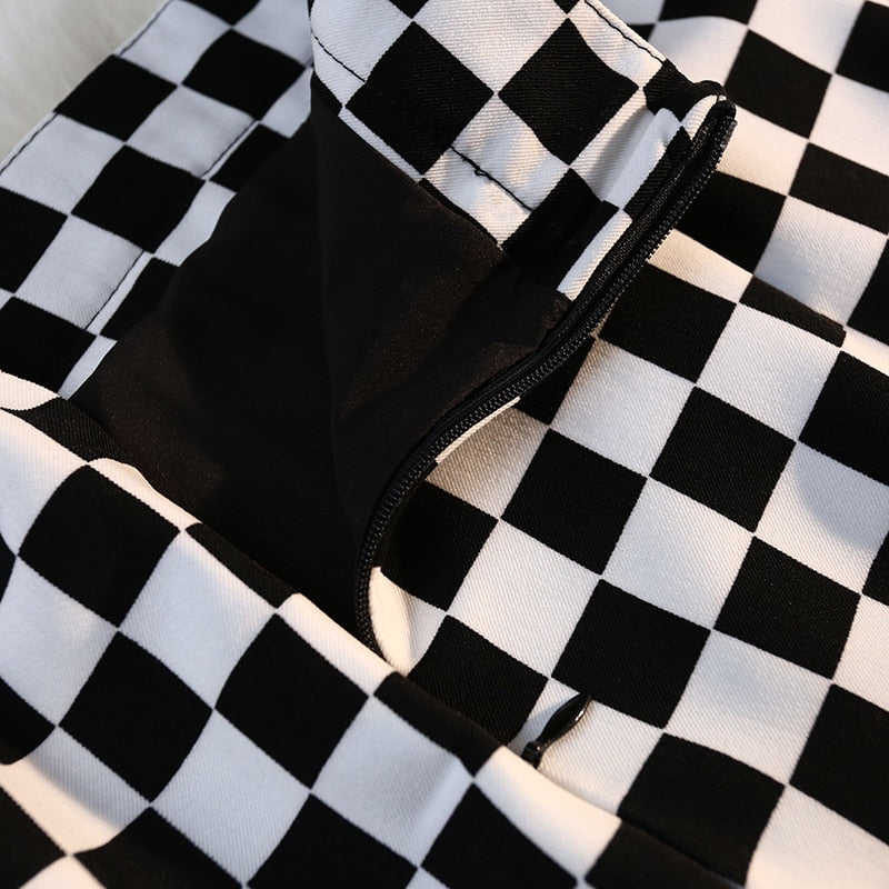 Checkerboard Print Long Plaid Skirt