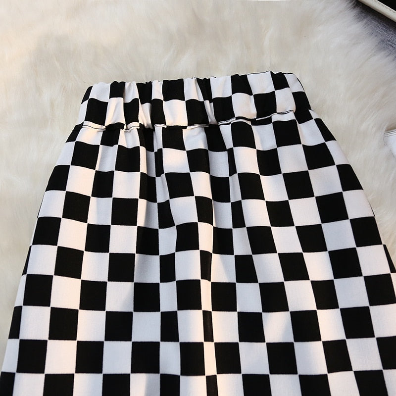 Checkerboard Print Long Plaid Skirt
