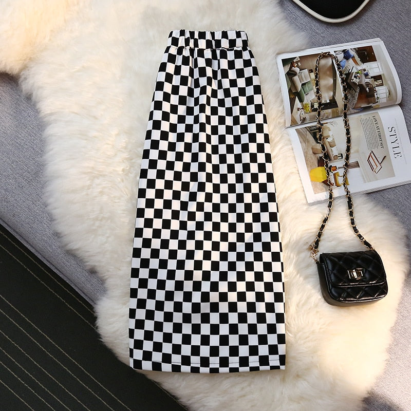 Checkerboard Print Long Plaid Skirt