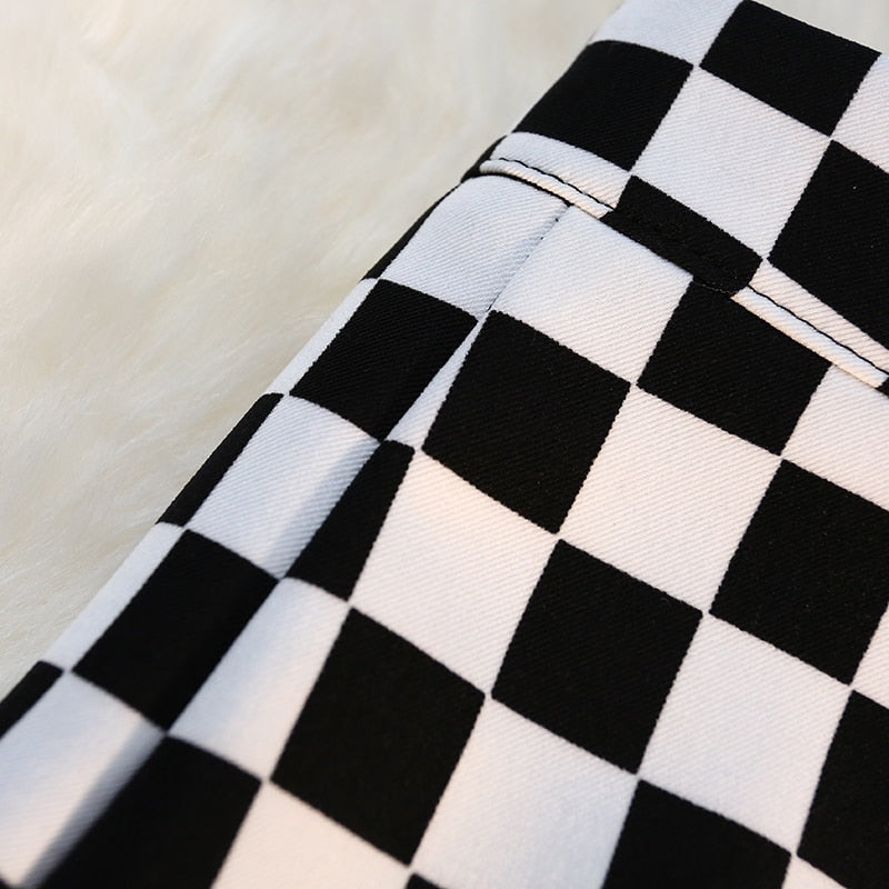 Checkerboard Print Long Plaid Skirt