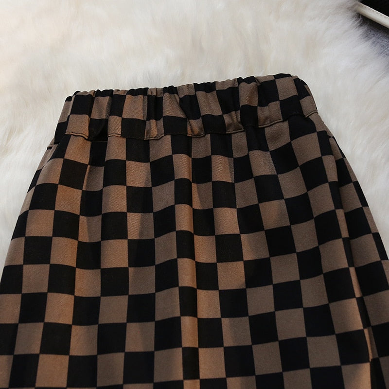 Checkerboard Print Long Plaid Skirt