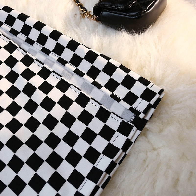Checkerboard Print Long Plaid Skirt