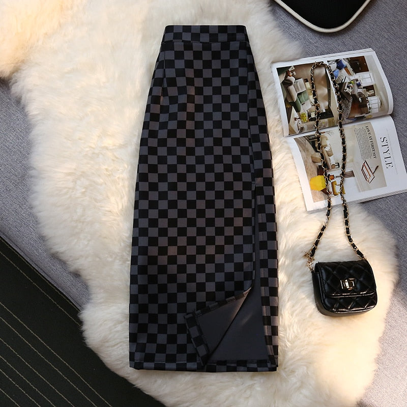 Checkerboard Print Long Plaid Skirt