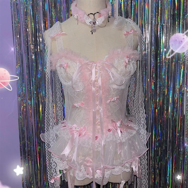 Lace bow camisole panties two-piece set