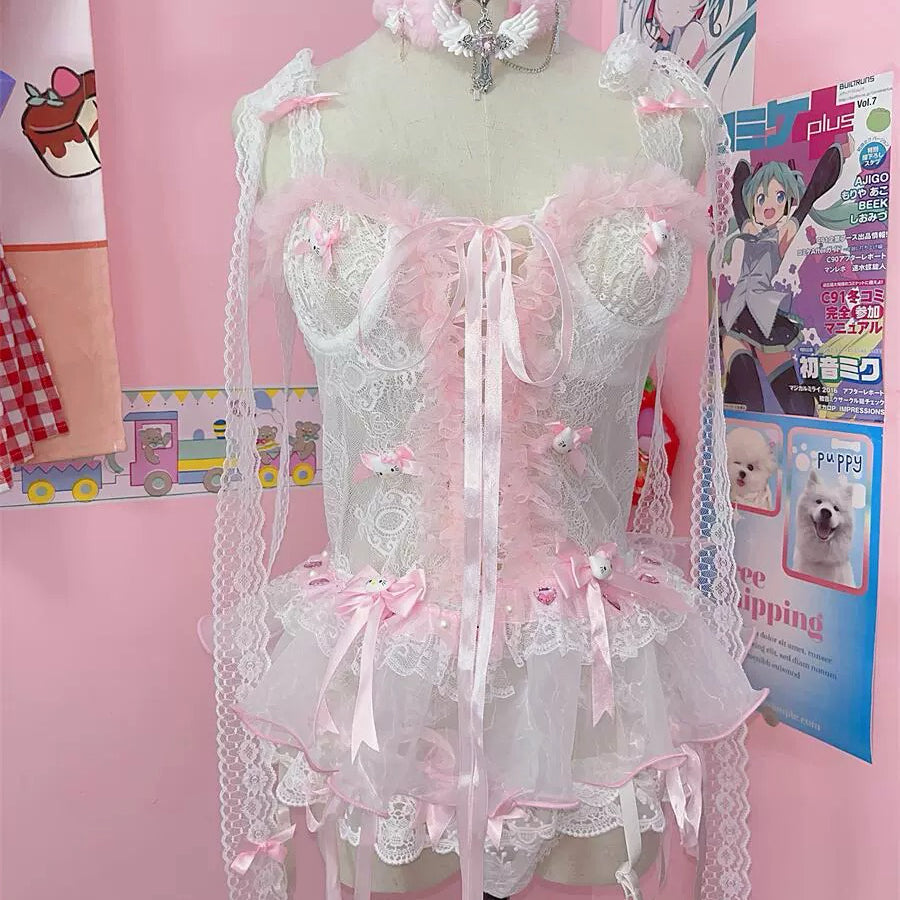 Lace bow camisole panties two-piece set