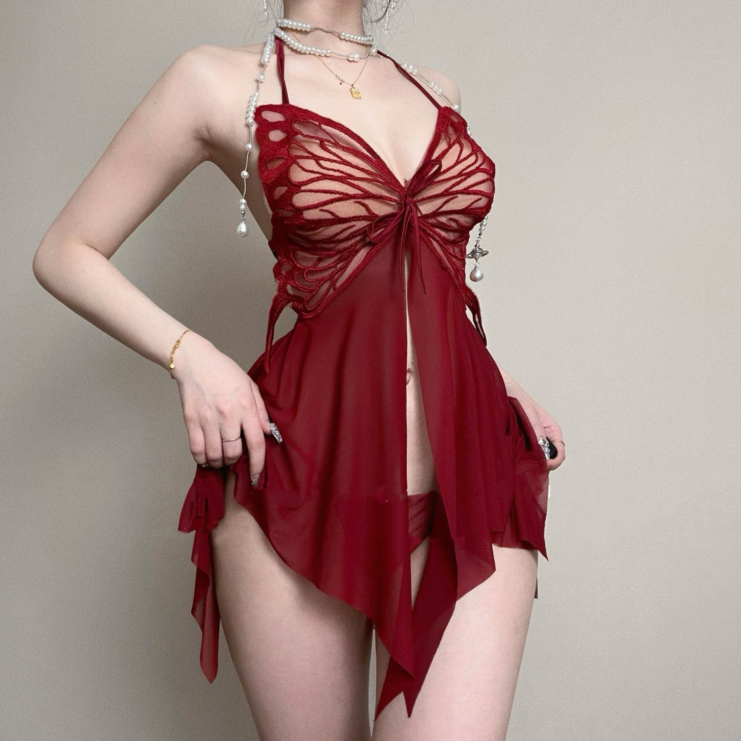 Butterfly Mesh Dress one size red