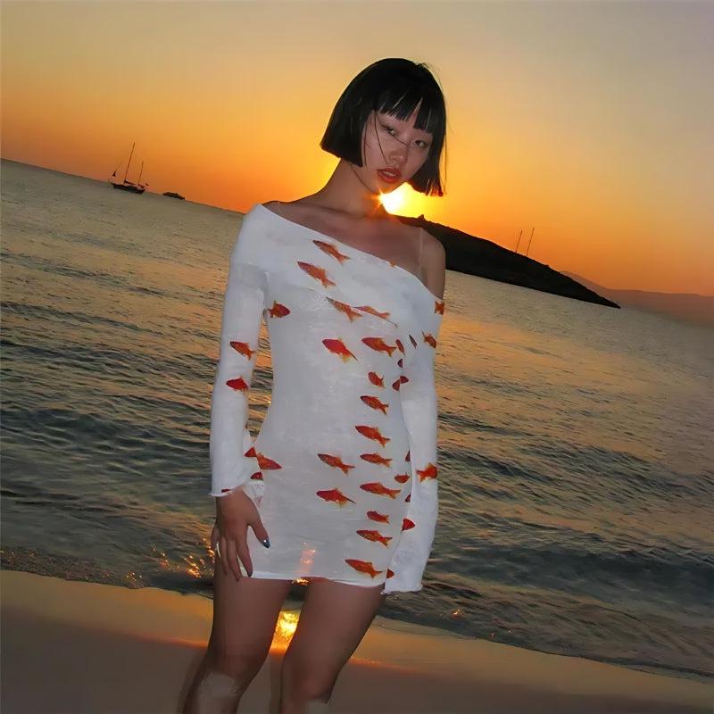 Koi Fish Printed Mesh Mini Dress White