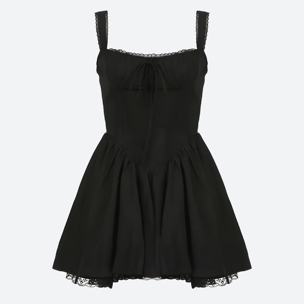 Lace Ruffled Corset Mini Dress Black