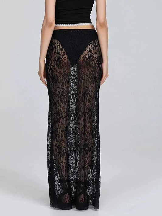 Lace Sheer Low Rise Maxi Skirt Black